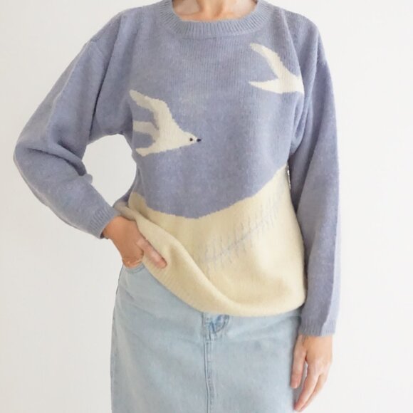 Sweaters - Vintage White Stag Blue Ivory Seagull Bird Scenic Crewneck Knit Sweater M